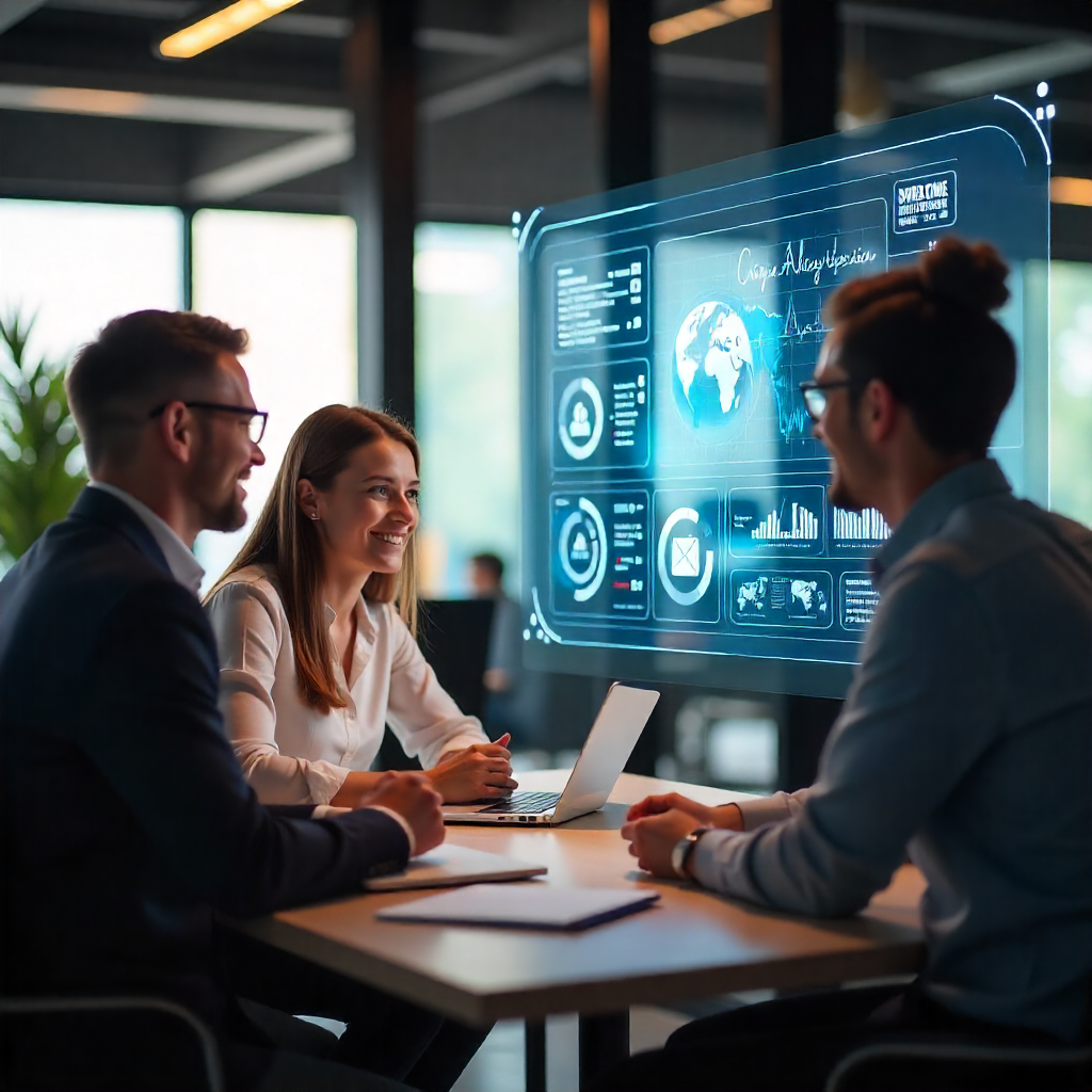 Team collaborating with AI in digital marketing, showcasing innovative tools and strategies