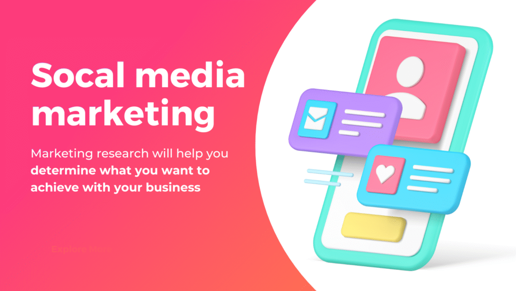 Colorful 3D illustration showing social media marketing with messages and engagement icons on a mobile phone