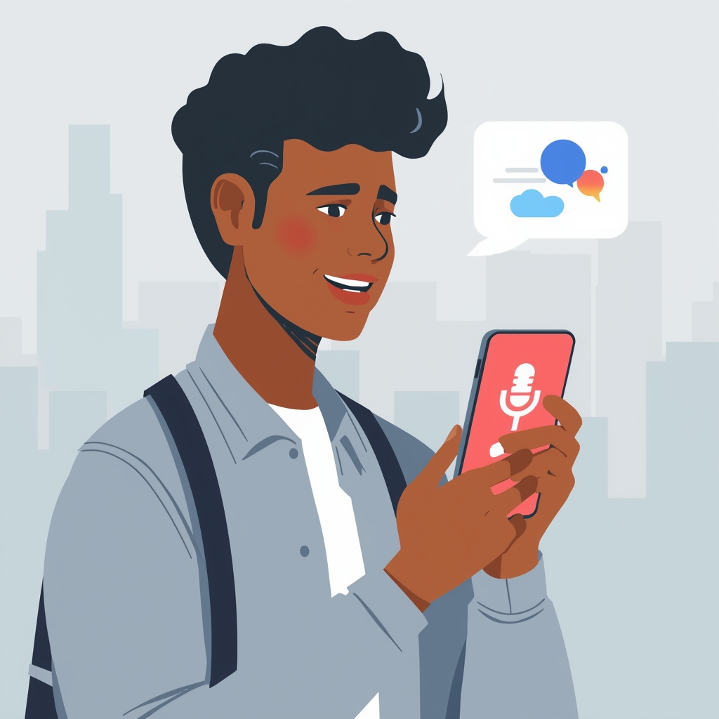 Voice search optimization 2025 concept showing a person using voice assistant on smartphone for digital marketing
